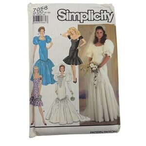 Vintage 90s Simplicity 7058 Wedding Dress Pattern Puff Sleeve Bridal Costume